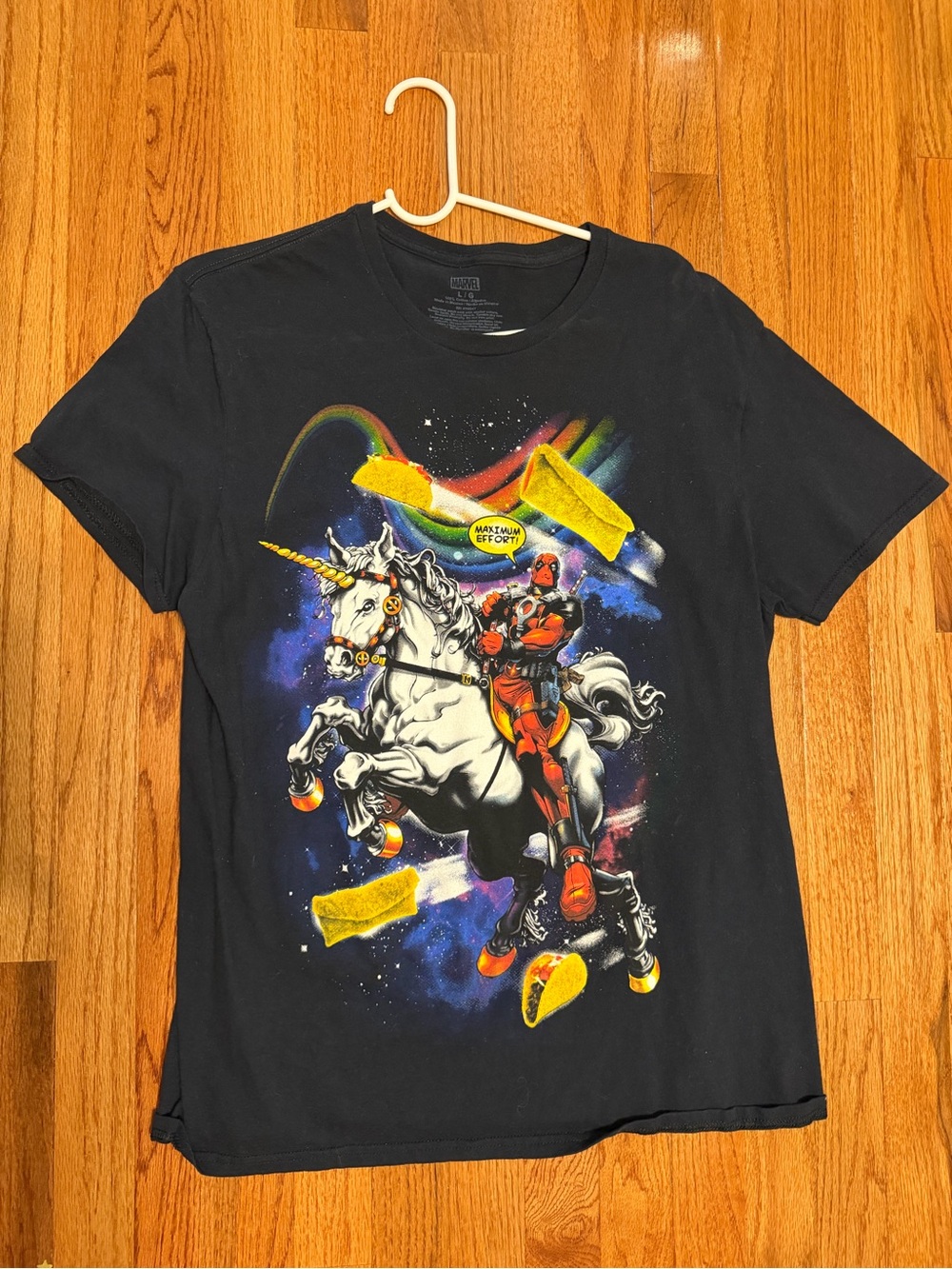 Marvel Deadpool Unicorn Tee - Black with White, Red, Yellow, Blue, Green